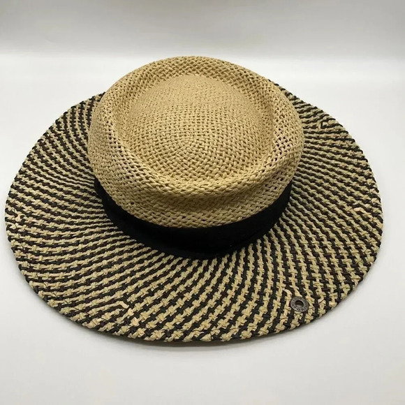 PETER GRIMM Hat Natural Straw Fedora One Size Black Tan Summer Sun Vacation - Picture 1 of 11
